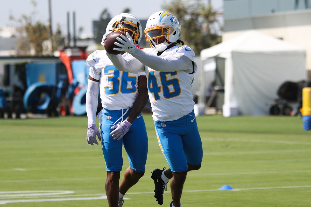 Los Angeles Chargers defensive back Nikko Reed (46) participates in drills during Chargers training camp at The Bolt on Saturday, August 1, 2026 in El Segundo, CA.