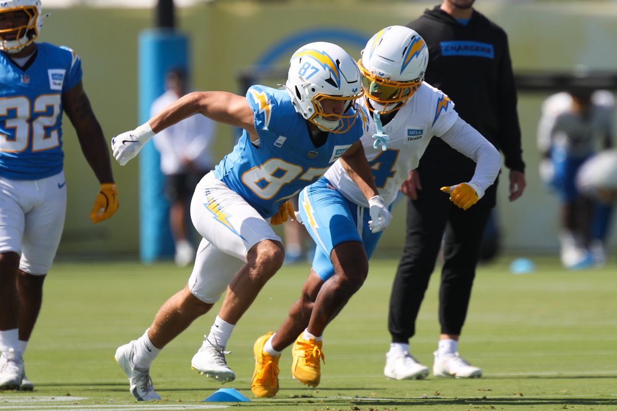 Los Angeles Chargers wide receiver Luke Grimm (87) participates in drills during Chargers training camp at The Bolt on Saturday, August 1, 2026 in El Segundo, CA.