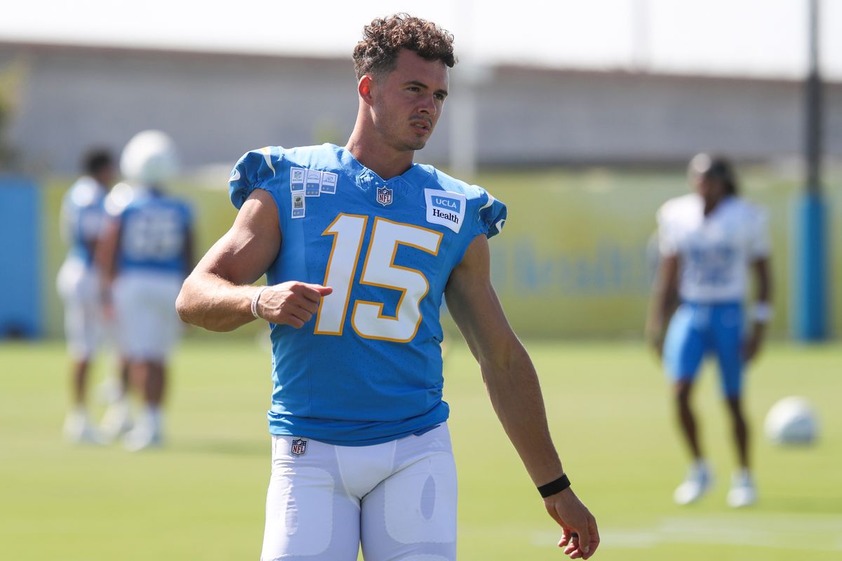 Los Angeles Chargers wide receiver Ladd McConkey (15) warms up during Chargers training camp at The Bolt on Saturday, August 1, 2026 in El Segundo, CA.