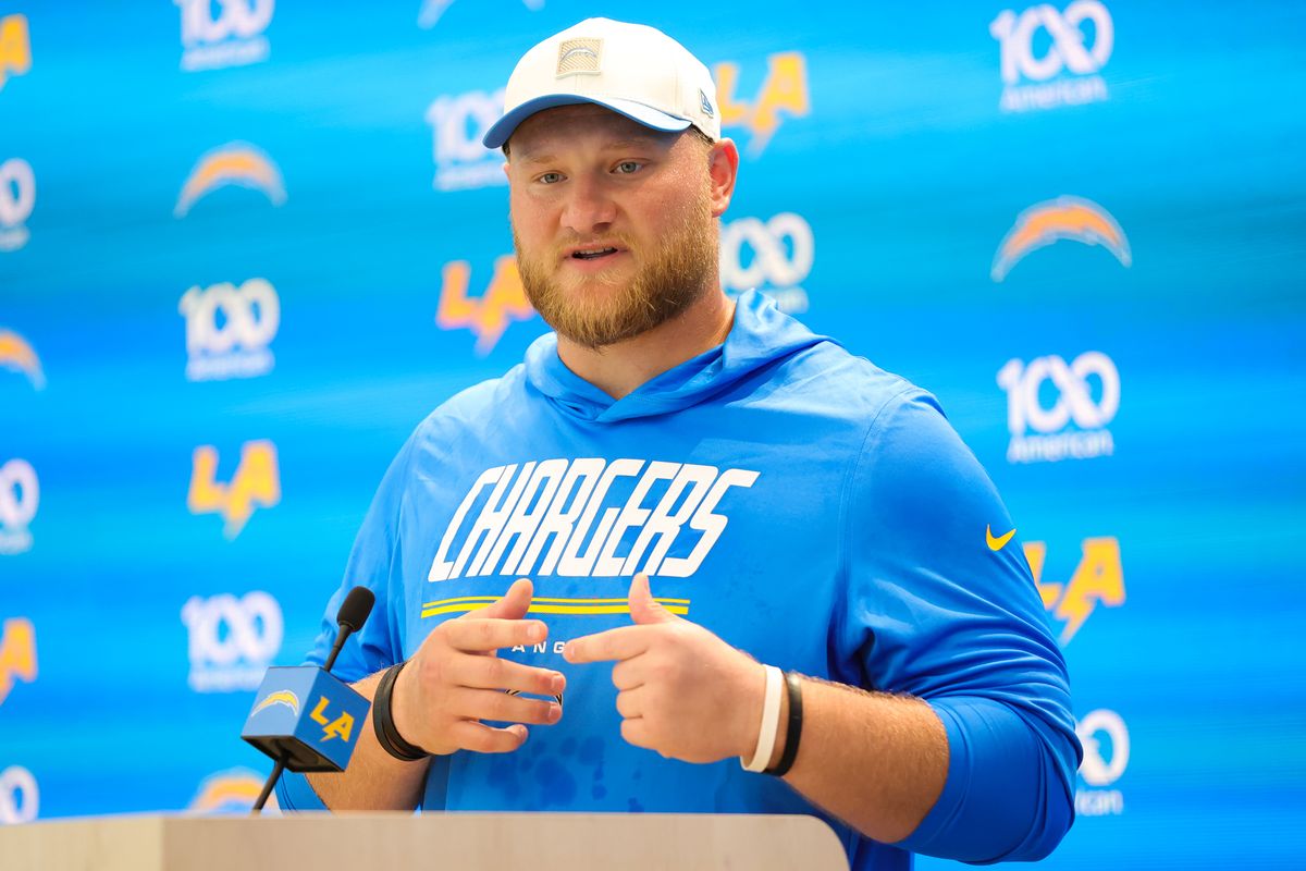Los Angeles Chargers center Tyler Biadasz (63) speaks with media during Chargers training camp at The Bolt on Saturday, August 1, 2026 in El Segundo, CA.