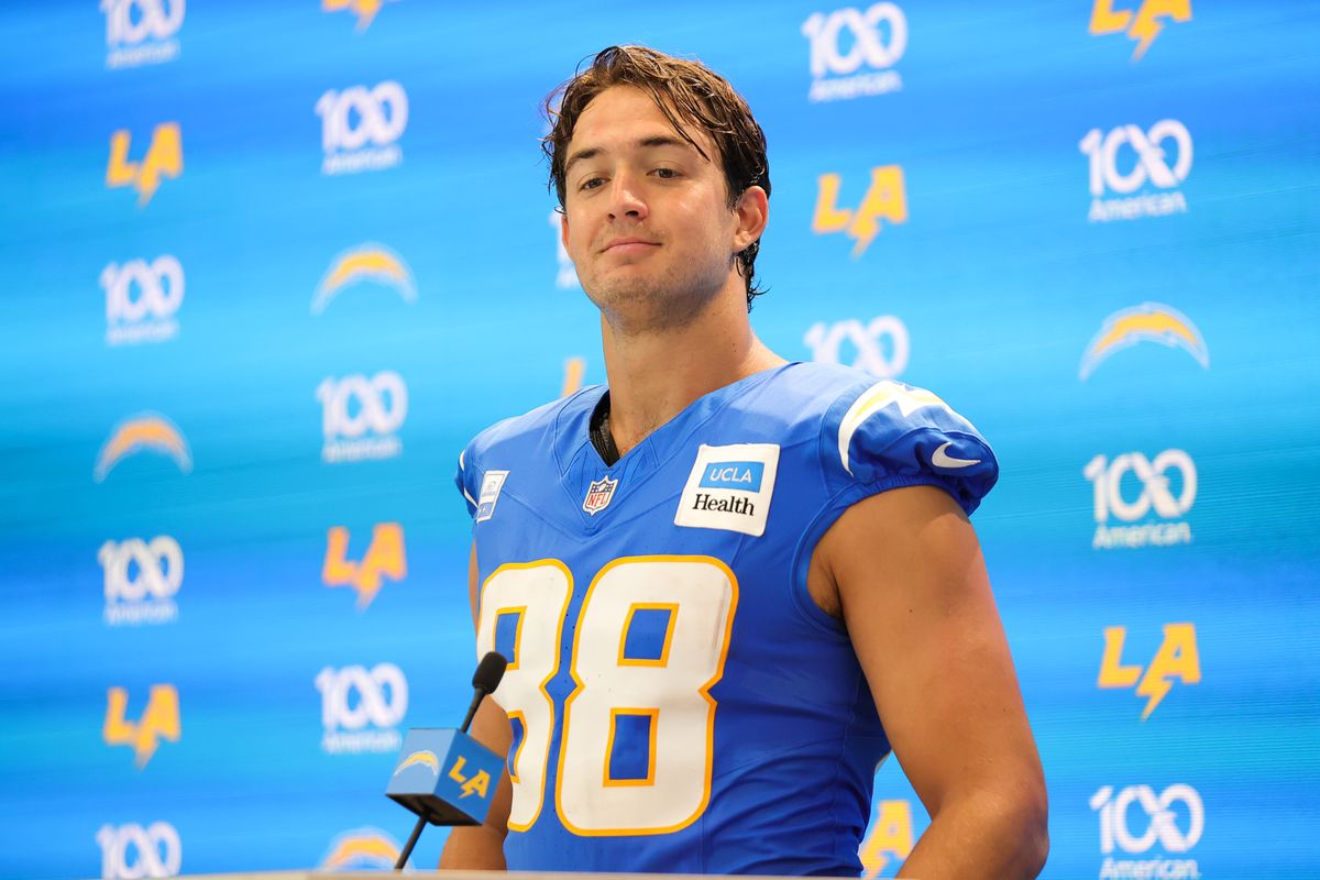 Los Angeles Chargers tight end Charlie Kolar (88) speaks with media during Chargers training camp at The Bolt on Saturday, August 1, 2026 in El Segundo, CA.