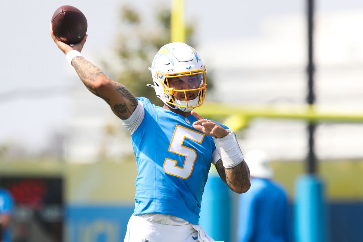 Los Angeles Chargers quarterback Trey Lance (5) throws the football during Chargers training camp at The Bolt on Saturday, August 3, 2026 in El Segundo, CA. Los Angeles Chargers quarterback Trey Lance (5) throws the football during Chargers training camp at The Bolt on Saturday, August 3, 2026 in El Segundo, CA.
