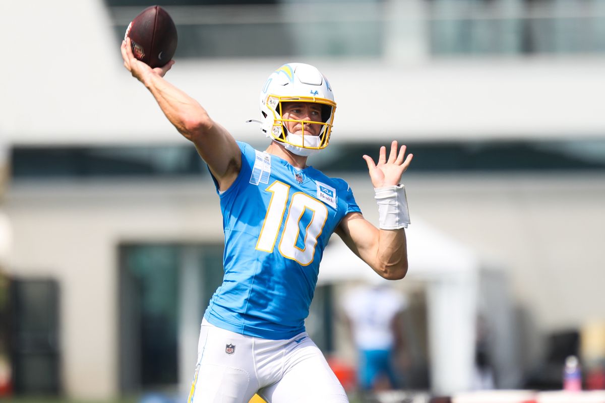 Los Angeles Chargers quarterback Justin Herbert (5) throws the football during Chargers training camp at The Bolt on Saturday, August 3, 2026 in El Segundo, CA. Los Angeles Chargers quarterback Justin Herbert (5) throws the football during Chargers training camp at The Bolt on Saturday, August 3, 2026 in El Segundo, CA.
