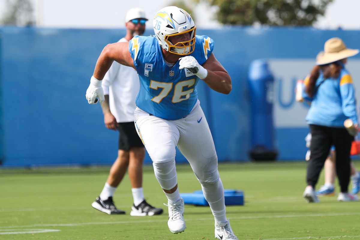 Los Angeles Chargers tackle Joe Alt (76) participates in drills during Chargers training camp at The Bolt on Saturday, August 3, 2026 in El Segundo, CA. Los Angeles Chargers tackle Joe Alt (76) participates in drills during Chargers training camp at The Bolt on Saturday, August 3, 2026 in El Segundo, CA.