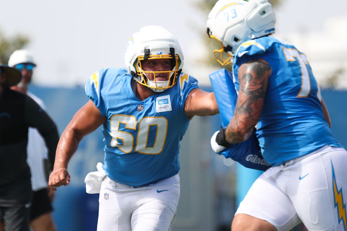 Los Angeles Chargers center Jacob Spomer (60) participates in drills during Chargers training camp at The Bolt on Saturday, August 3, 2026 in El Segundo, CA. Los Angeles Chargers center Jacob Spomer (60) participates in drills during Chargers training camp at The Bolt on Saturday, August 3, 2026 in El Segundo, CA.