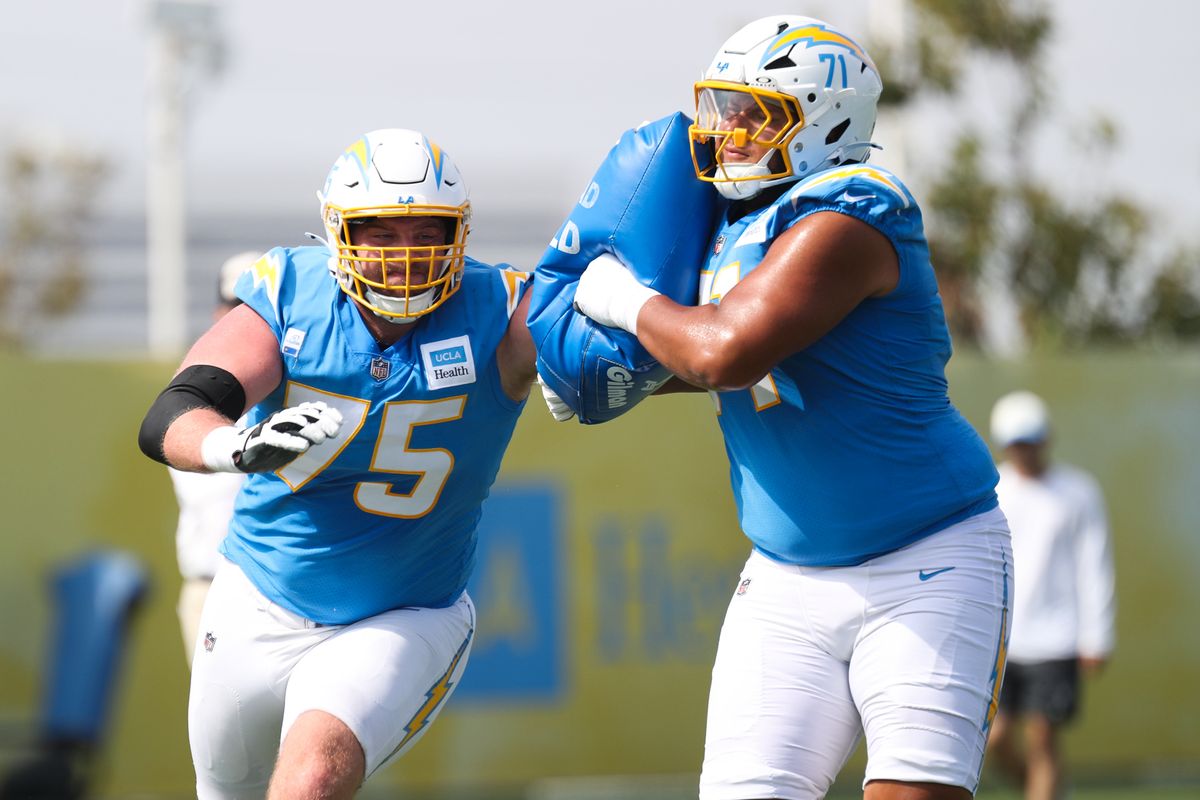 Los Angeles Chargers offensive lineman Trevor Penning (75) participates in drills during Chargers training camp at The Bolt on Saturday, August 3, 2026 in El Segundo, CA. Los Angeles Chargers offensive lineman Trevor Penning (75) participates in drills during Chargers training camp at The Bolt on Saturday, August 3, 2026 in El Segundo, CA.