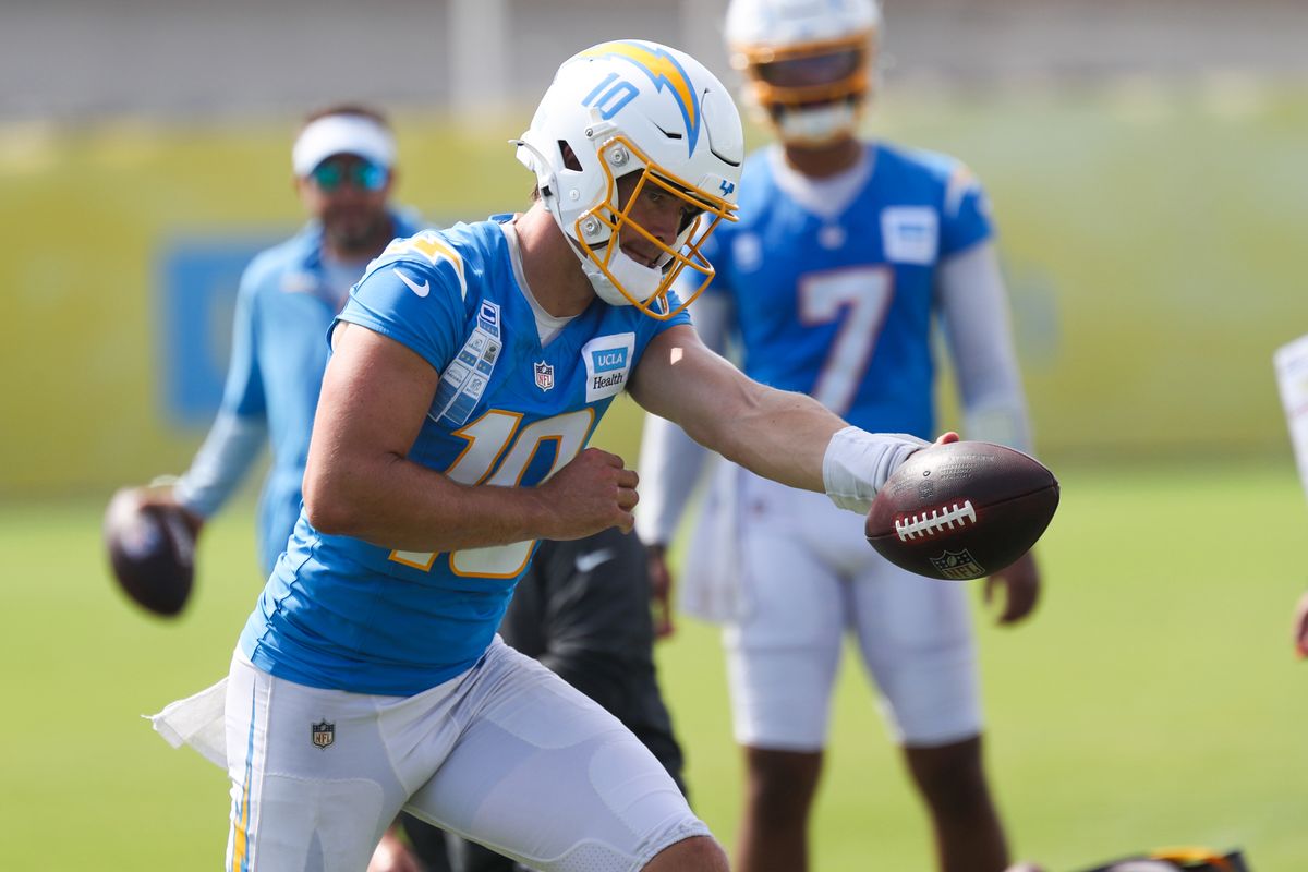 Los Angeles Chargers quarterback Justin Herbert (5) participates in drills during Chargers training camp at The Bolt on Saturday, August 3, 2026 in El Segundo, CA. Los Angeles Chargers quarterback Justin Herbert (5) participates in drills during Chargers training camp at The Bolt on Saturday, August 3, 2026 in El Segundo, CA.