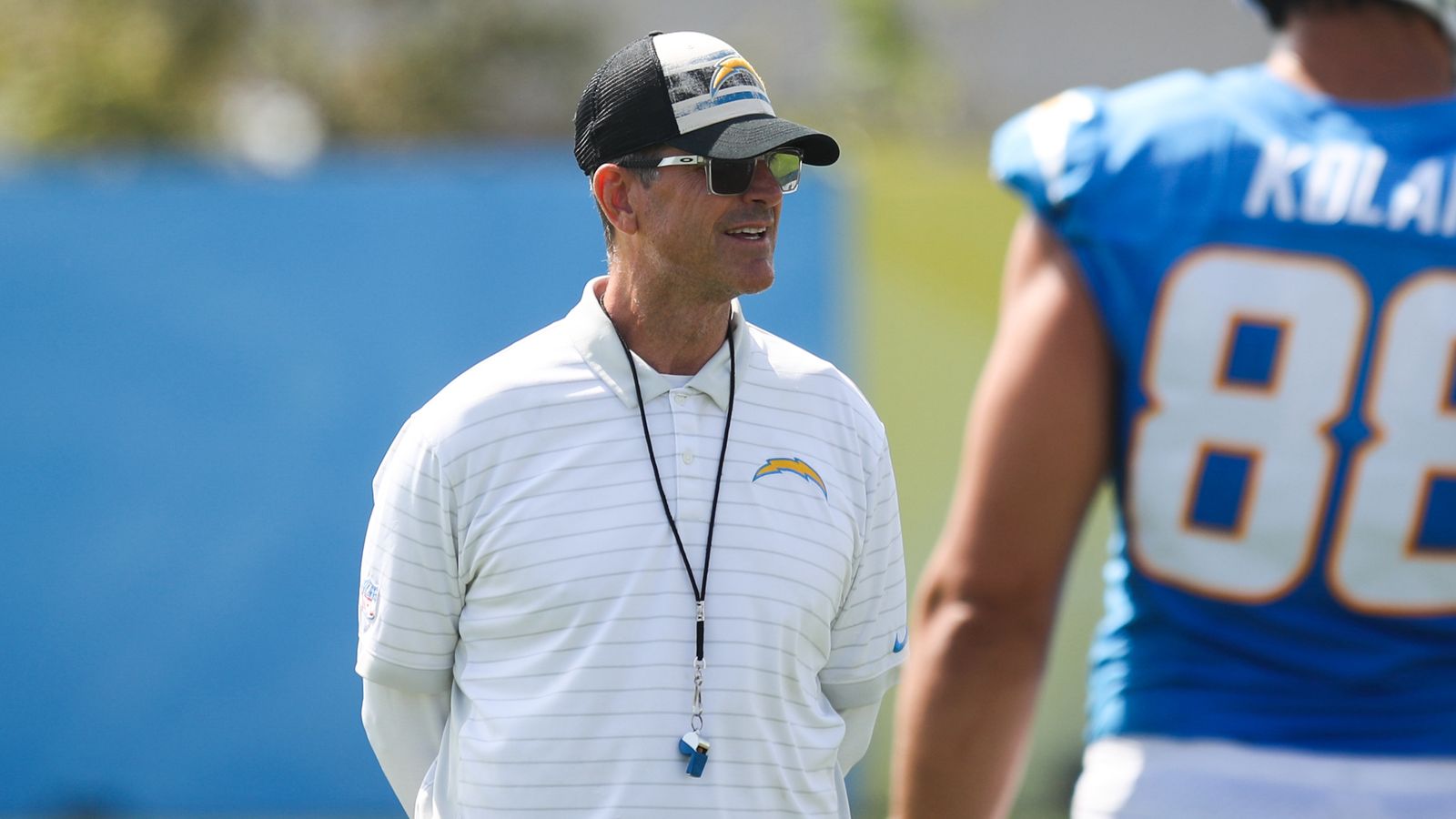Los Angeles Chargers Head Coach Jim Harbaugh looks on during Chargers training camp at The Bolt on Monday, August 3, 2026 in El Segundo, CA. Los Angeles Chargers Head Coach Jim Harbaugh looks on during Chargers training camp at The Bolt on Monday, August 3, 2026 in El Segundo, CA.