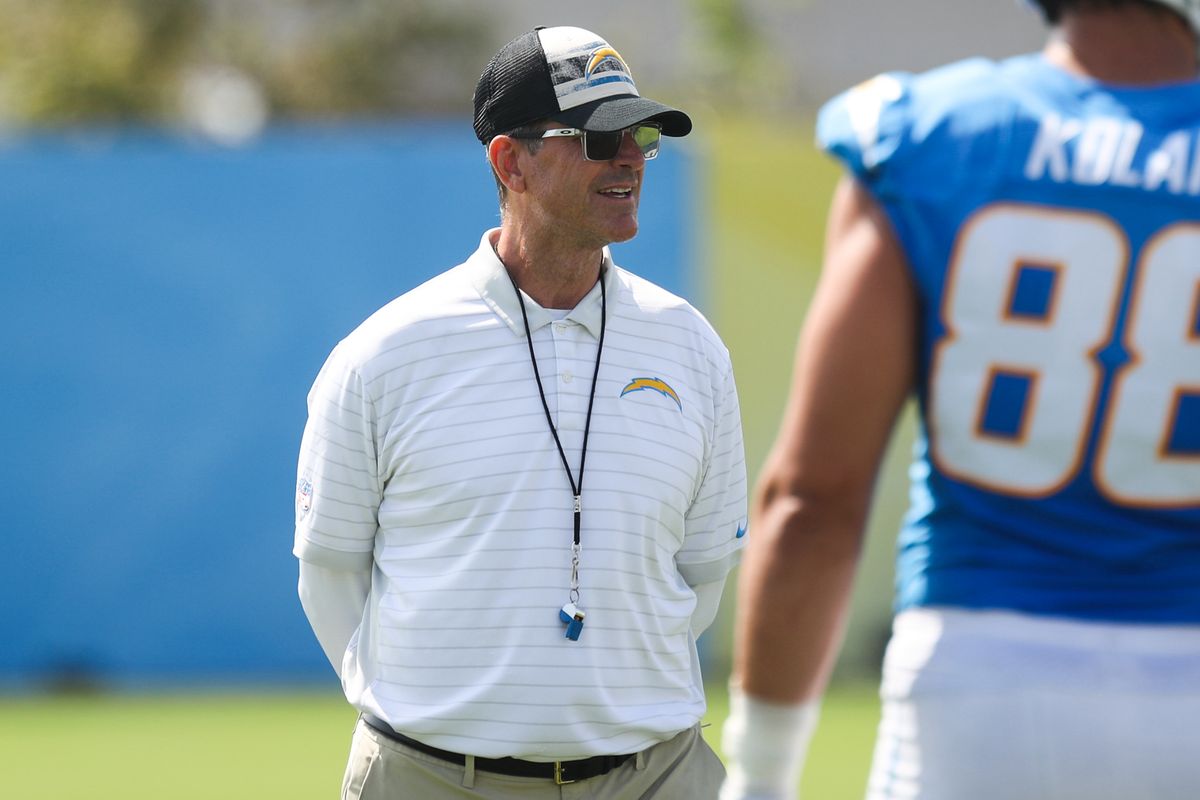 Los Angeles Chargers Head Coach Jim Harbaugh looks on during Chargers training camp at The Bolt on Saturday, August 3, 2026 in El Segundo, CA. Los Angeles Chargers Head Coach Jim Harbaugh looks on during Chargers training camp at The Bolt on Saturday, August 3, 2026 in El Segundo, CA.