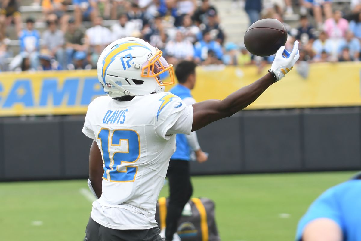 LA Chargers Derius Davis (12) participates in drills during Chargers training camp at USD on .Tuesday August 4, 2026 in San Diego, California. LA Chargers Derius Davis (12) participates in drills during Chargers training camp at USD on .Tuesday August 4, 2026 in San Diego, California.