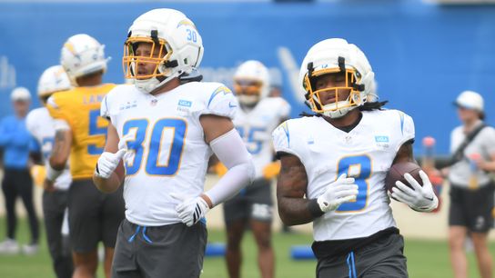 LA Chargers Alec Ingold (30) and LA Chargers Omarion Hampton (8) participates in drills during Chargers training camp at USD on .Tuesday August 4, 2026 in San Diego, California. LA Chargers Alec Ingold (30) and LA Chargers Omarion Hampton (8) participates in drills during Chargers training camp at USD on .Tuesday August 4, 2026 in San Diego, California.