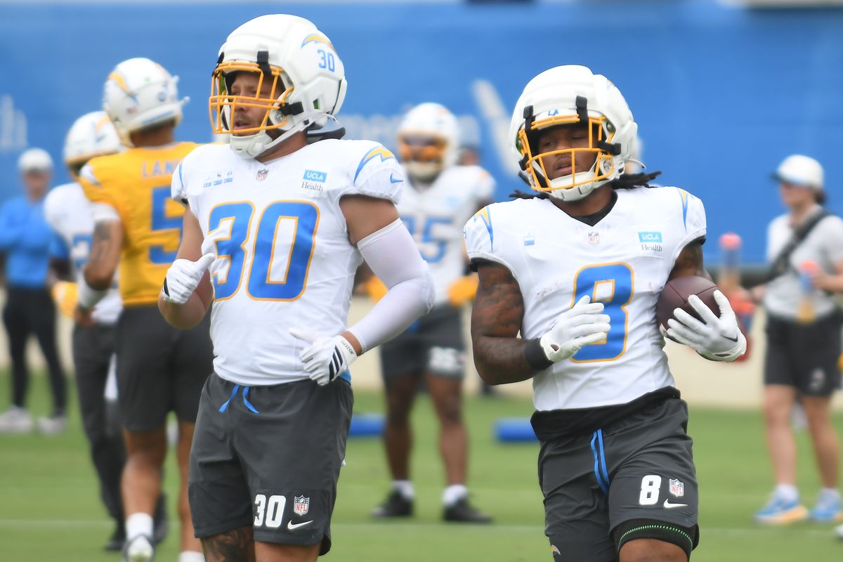 LA Chargers Alec Ingold (30) and LA Chargers Omarion Hampton (8) participates in drills during Chargers training camp at USD on .Tuesday August 4, 2026 in San Diego, California. LA Chargers Alec Ingold (30) and LA Chargers Omarion Hampton (8) participates in drills during Chargers training camp at USD on .Tuesday August 4, 2026 in San Diego, California.