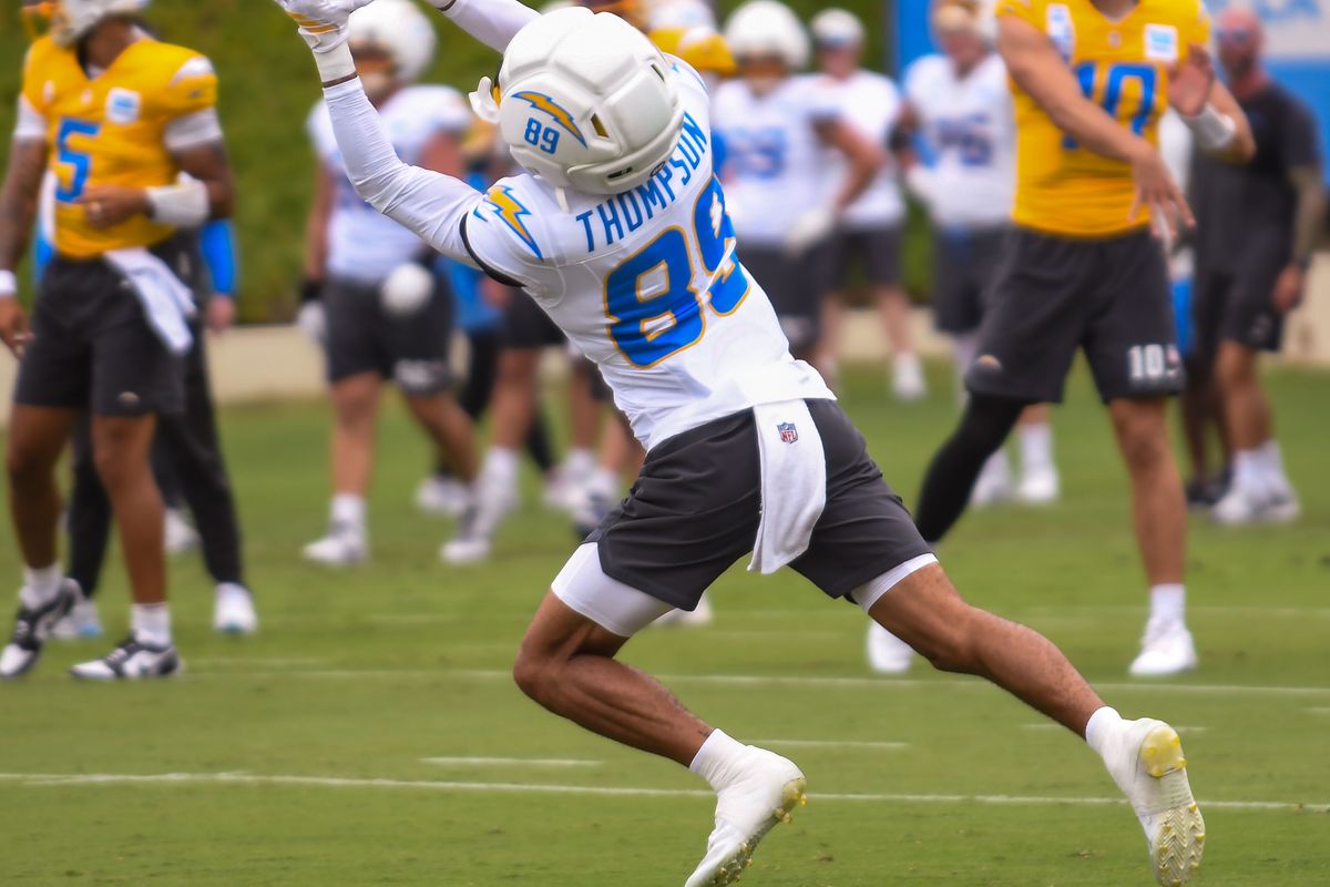LA Chargers Brenen Thompson (89) participates in drills during Chargers training camp at USD on .Tuesday August 4, 2026 in San Diego, California. LA Chargers Brenen Thompson (89) participates in drills during Chargers training camp at USD on .Tuesday August 4, 2026 in San Diego, California.