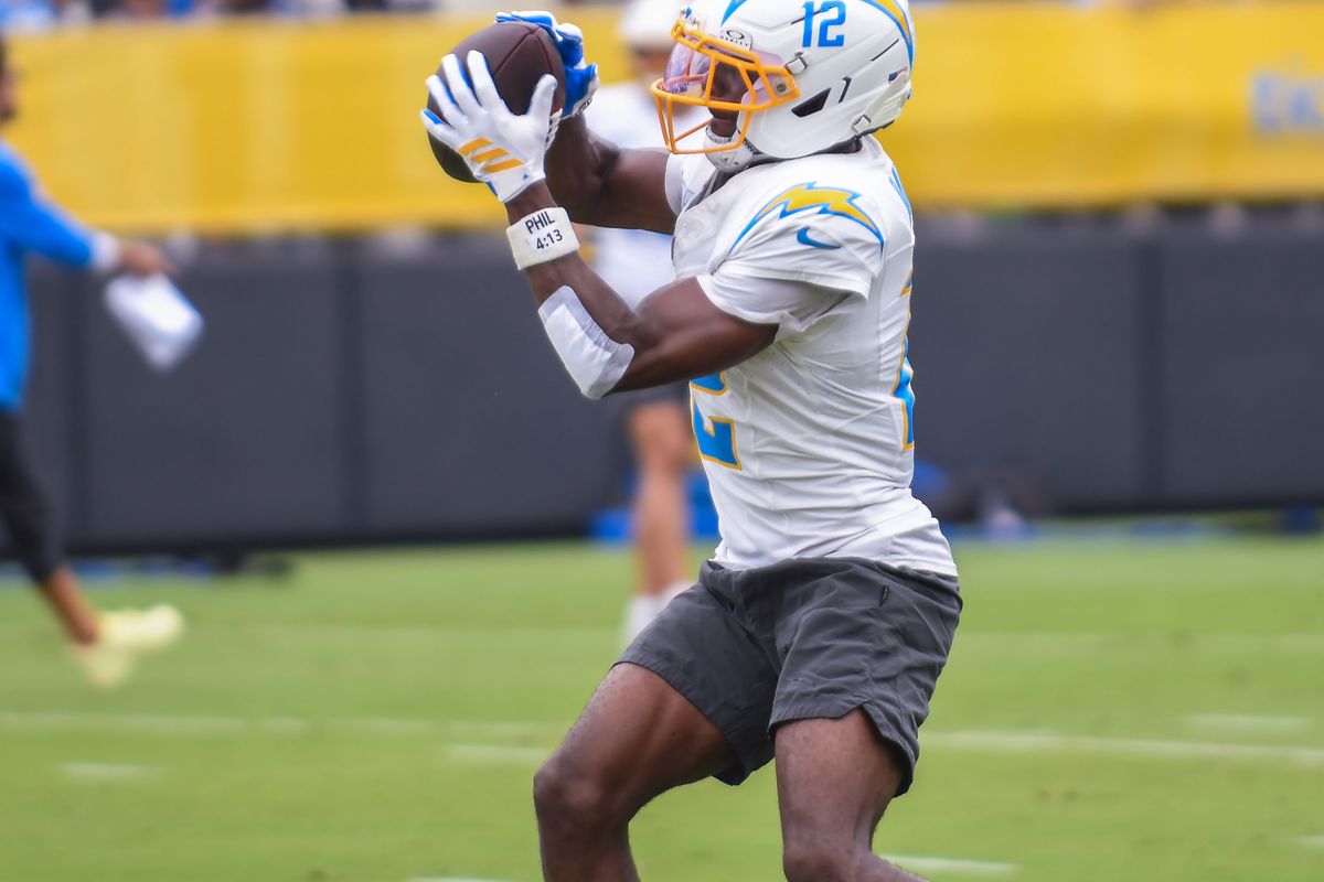 LA Chargers Derius Davis (12) participates in drills during Chargers training camp at USD on .Tuesday August 4, 2026 in San Diego, California. LA Chargers Derius Davis (12) participates in drills during Chargers training camp at USD on .Tuesday August 4, 2026 in San Diego, California.