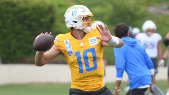 LA Chargers Justin Herbert (10) throws the football  during Chargers training camp at USD on .Tuesday August 4, 2026 in San Diego, California.
