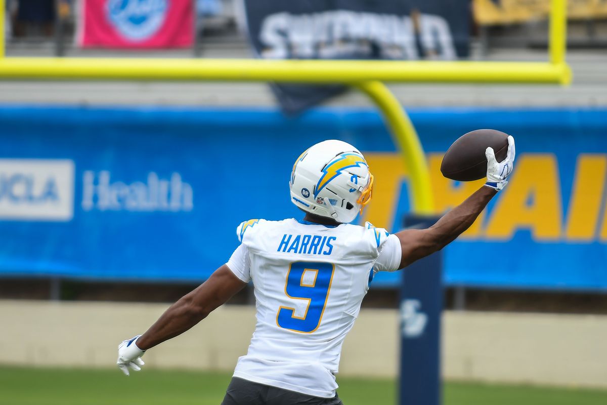 LA Chargers Tre Harris (9) catches the pass during Chargers training camp at USD on .Wednesday August 5, 2026 in San Diego, California. LA Chargers Tre Harris (9) catches the pass during Chargers training camp at USD on .Wednesday August 5, 2026 in San Diego, California.