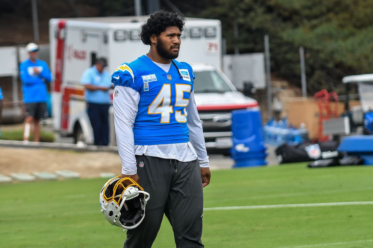 LA Chargers Tuli Tuipulotu (45) seen during Chargers training camp at USD on .Wednesday August 5, 2026 in San Diego, California. LA Chargers Tuli Tuipulotu (45) seen during Chargers training camp at USD on .Wednesday August 5, 2026 in San Diego, California.