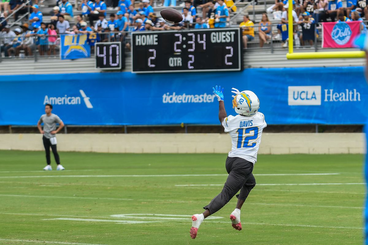 LA Chargers Derius Davis (12) catches the pass during Chargers training camp at USD on .Wednesday August 5, 2026 in San Diego, California. LA Chargers Derius Davis (12) catches the pass during Chargers training camp at USD on .Wednesday August 5, 2026 in San Diego, California.