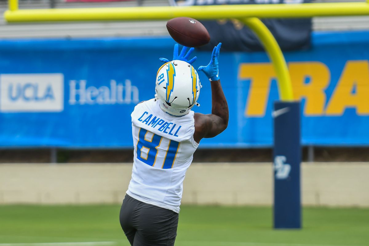 LA Chargers Dalevon Campbell (81) catches the pass during Chargers training camp at USD on .Wednesday August 5, 2026 in San Diego, California. LA Chargers Dalevon Campbell (81) catches the pass during Chargers training camp at USD on .Wednesday August 5, 2026 in San Diego, California.
