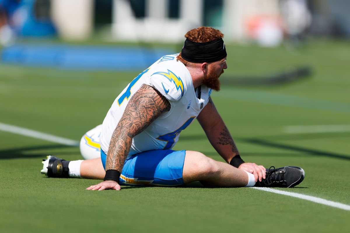 Scott Matlock #44 of the Los Angeles Chargers stretches during training camp at The Bolt on August 6, 2026 in El Segundo, California. Scott Matlock #44 of the Los Angeles Chargers stretches during training camp at The Bolt on August 6, 2026 in El Segundo, California.