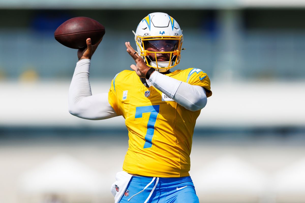 DJ Uiagalelei #7 of the Los Angeles Chargers throws during training camp at The Bolt on August 6, 2026 in El Segundo, California. DJ Uiagalelei #7 of the Los Angeles Chargers throws during training camp at The Bolt on August 6, 2026 in El Segundo, California.