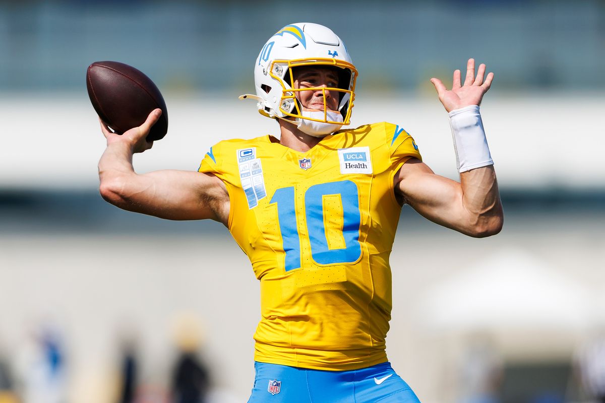 Justin Herbert #10 of the Los Angeles Chargers throws during training camp at The Bolt on August 6, 2026 in El Segundo, California. Justin Herbert #10 of the Los Angeles Chargers throws during training camp at The Bolt on August 6, 2026 in El Segundo, California.