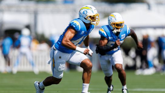 Troy Dye #43 of the Los Angeles Chargers defends in coverage during training camp at The Bolt on August 6, 2026 in El Segundo, California. Troy Dye #43 of the Los Angeles Chargers defends in coverage during training camp at The Bolt on August 6, 2026 in El Segundo, California.