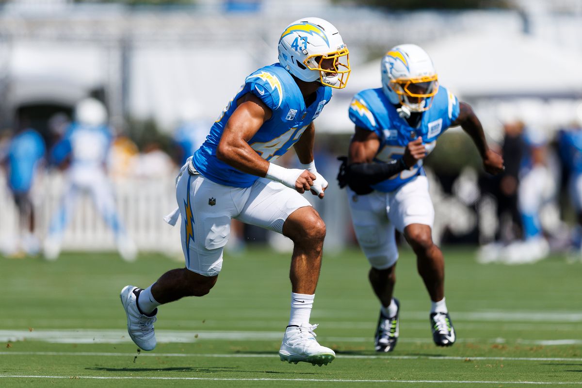 Troy Dye #43 of the Los Angeles Chargers defends in coverage during training camp at The Bolt on August 6, 2026 in El Segundo, California. Troy Dye #43 of the Los Angeles Chargers defends in coverage during training camp at The Bolt on August 6, 2026 in El Segundo, California.