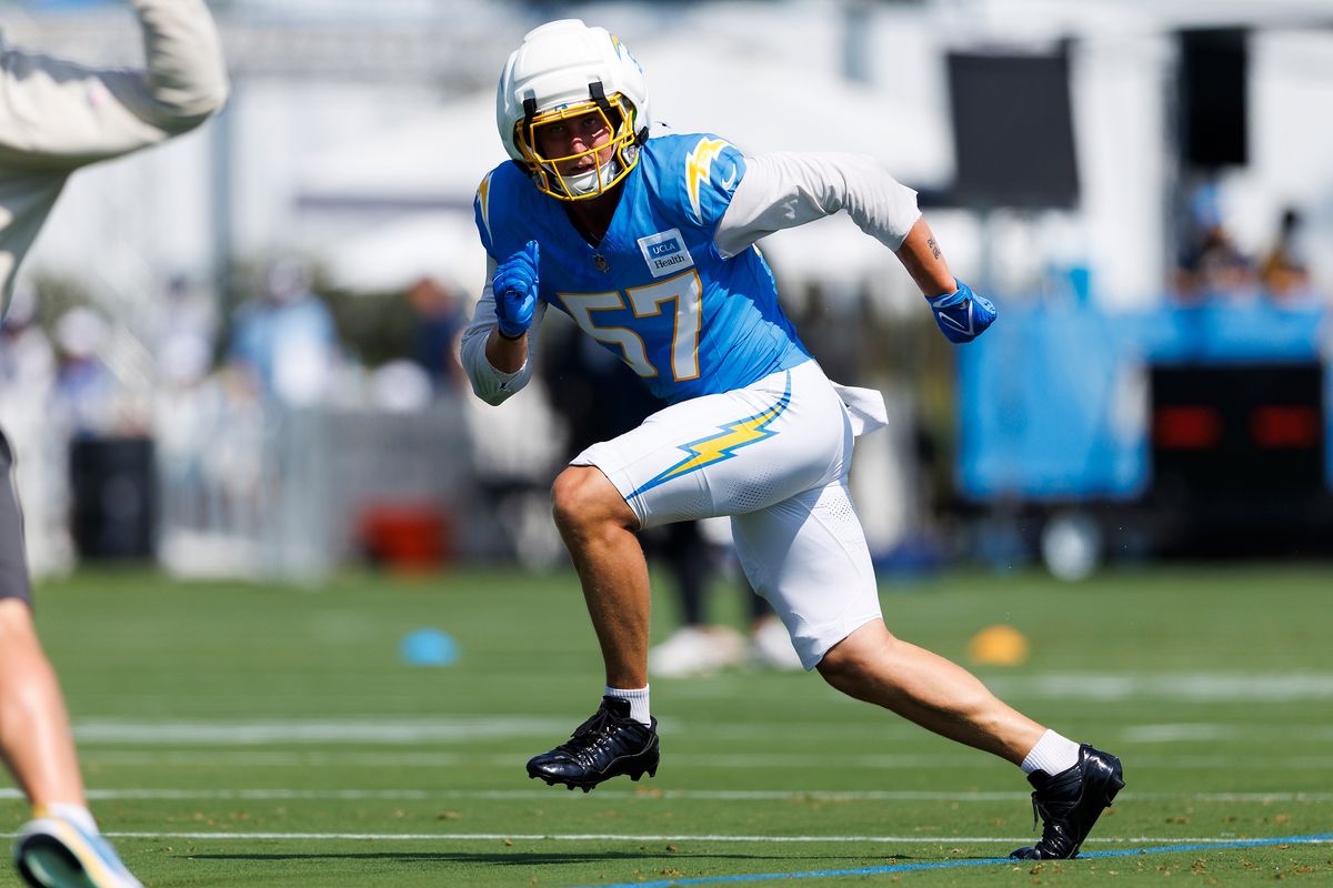 Lander Barton #57 of the Los Angeles Chargers defends in coverage during training camp at The Bolt on August 6, 2026 in El Segundo, California. Lander Barton #57 of the Los Angeles Chargers defends in coverage during training camp at The Bolt on August 6, 2026 in El Segundo, California.