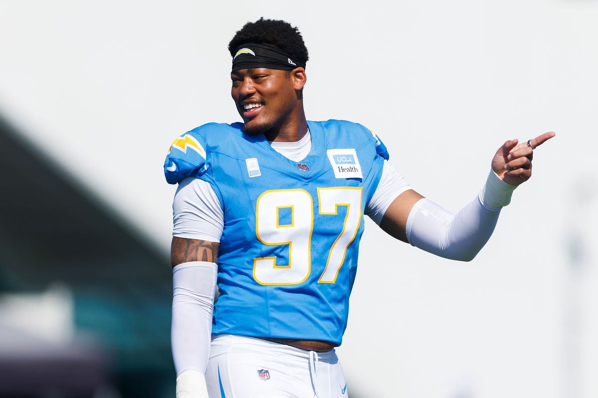 Garmon Randolph #97 of the Los Angeles Chargers points during training camp at The Bolt on August 8, 2026 in El Segundo, California. Garmon Randolph #97 of the Los Angeles Chargers points during training camp at The Bolt on August 8, 2026 in El Segundo, California.
