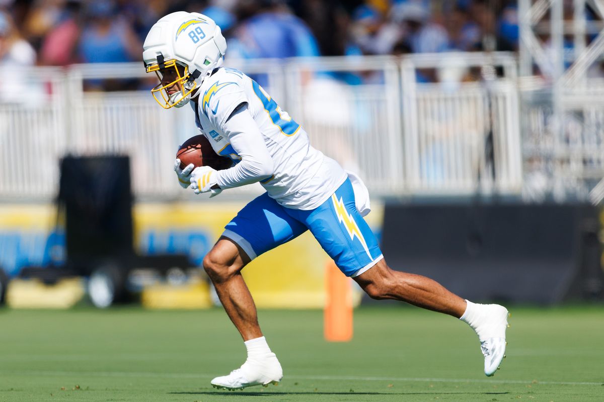 Brenen Thompson #89 of the Los Angeles Chargers runs after the catch during training camp at The Bolt on August 8, 2026 in El Segundo, California. Brenen Thompson #89 of the Los Angeles Chargers runs after the catch during training camp at The Bolt on August 8, 2026 in El Segundo, California.