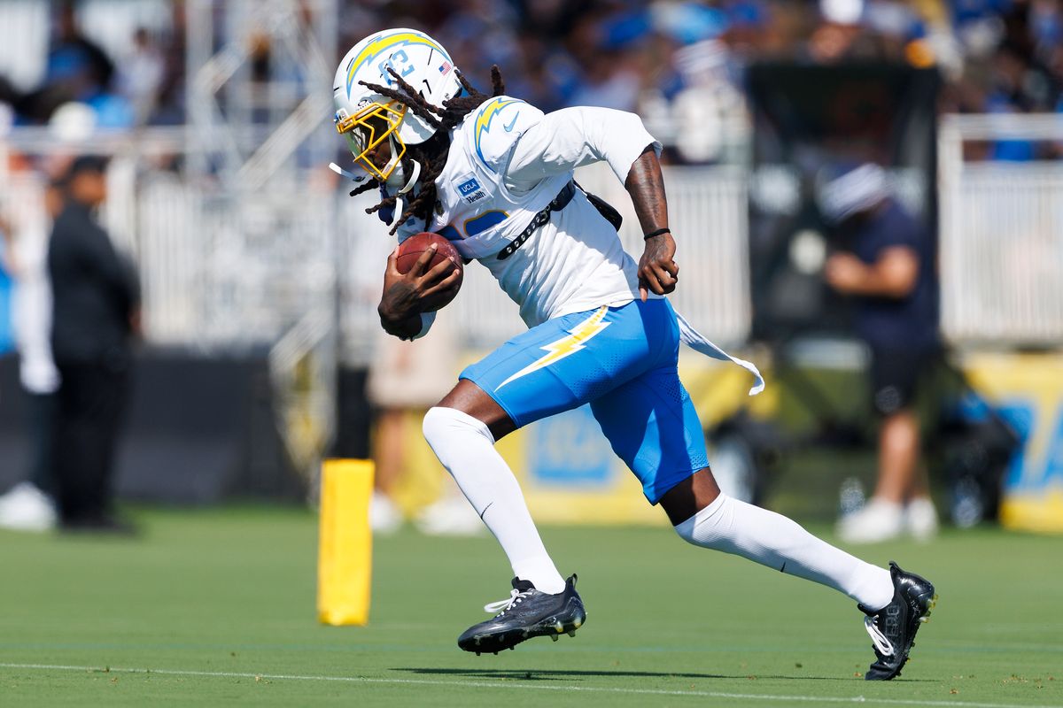 JaQuae Jackson #82 of the Los Angeles Chargers runs after the catch during training camp at The Bolt on August 8, 2026 in El Segundo, California. JaQuae Jackson #82 of the Los Angeles Chargers runs after the catch during training camp at The Bolt on August 8, 2026 in El Segundo, California.