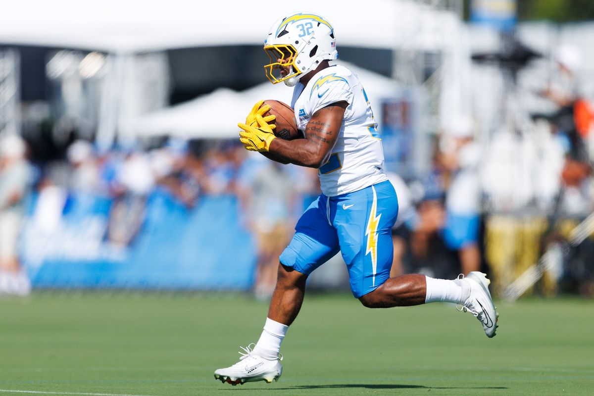 Jaret Patterson #32 of the Los Angeles Chargers runs with the ball during training camp at The Bolt on August 8, 2026 in El Segundo, California. Jaret Patterson #32 of the Los Angeles Chargers runs with the ball during training camp at The Bolt on August 8, 2026 in El Segundo, California.