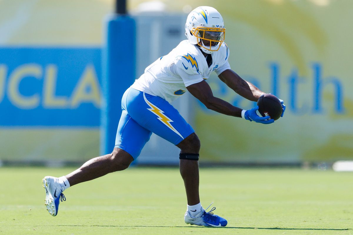 Tre' Harris #9 of the Los Angeles Chargers catches the ball during training camp at The Bolt on August 8, 2026 in El Segundo, California. Tre' Harris #9 of the Los Angeles Chargers catches the ball during training camp at The Bolt on August 8, 2026 in El Segundo, California.