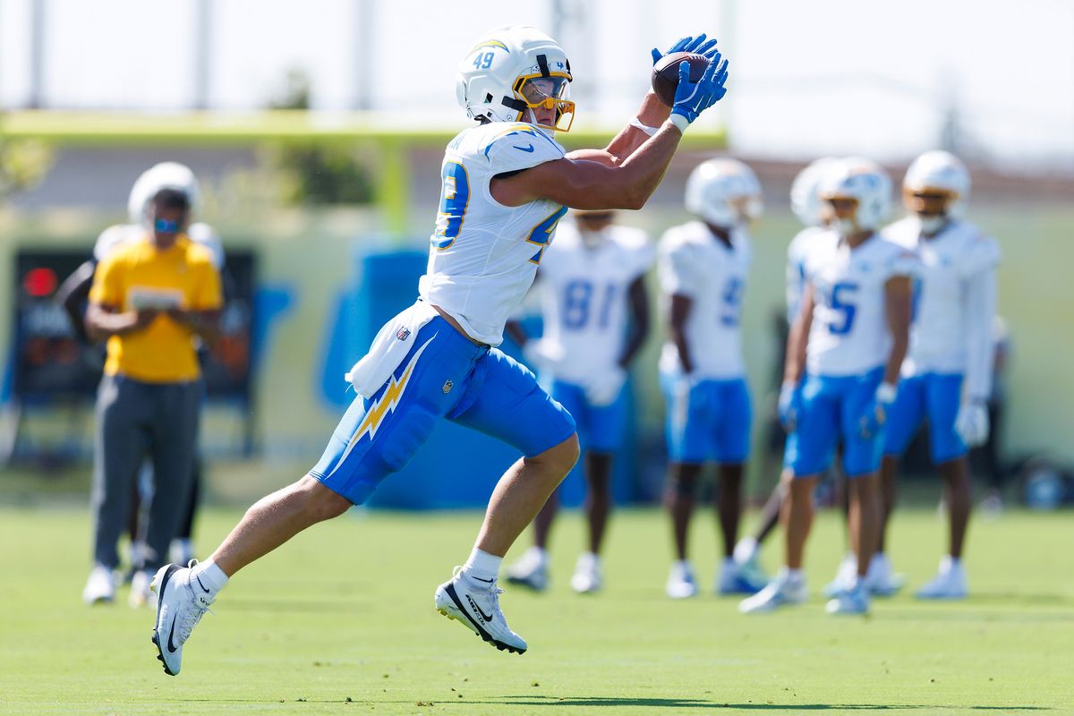 Evan Svoboda #49 of the Los Angeles Chargers catches the ball during training camp at The Bolt on August 8, 2026 in El Segundo, California. Evan Svoboda #49 of the Los Angeles Chargers catches the ball during training camp at The Bolt on August 8, 2026 in El Segundo, California.