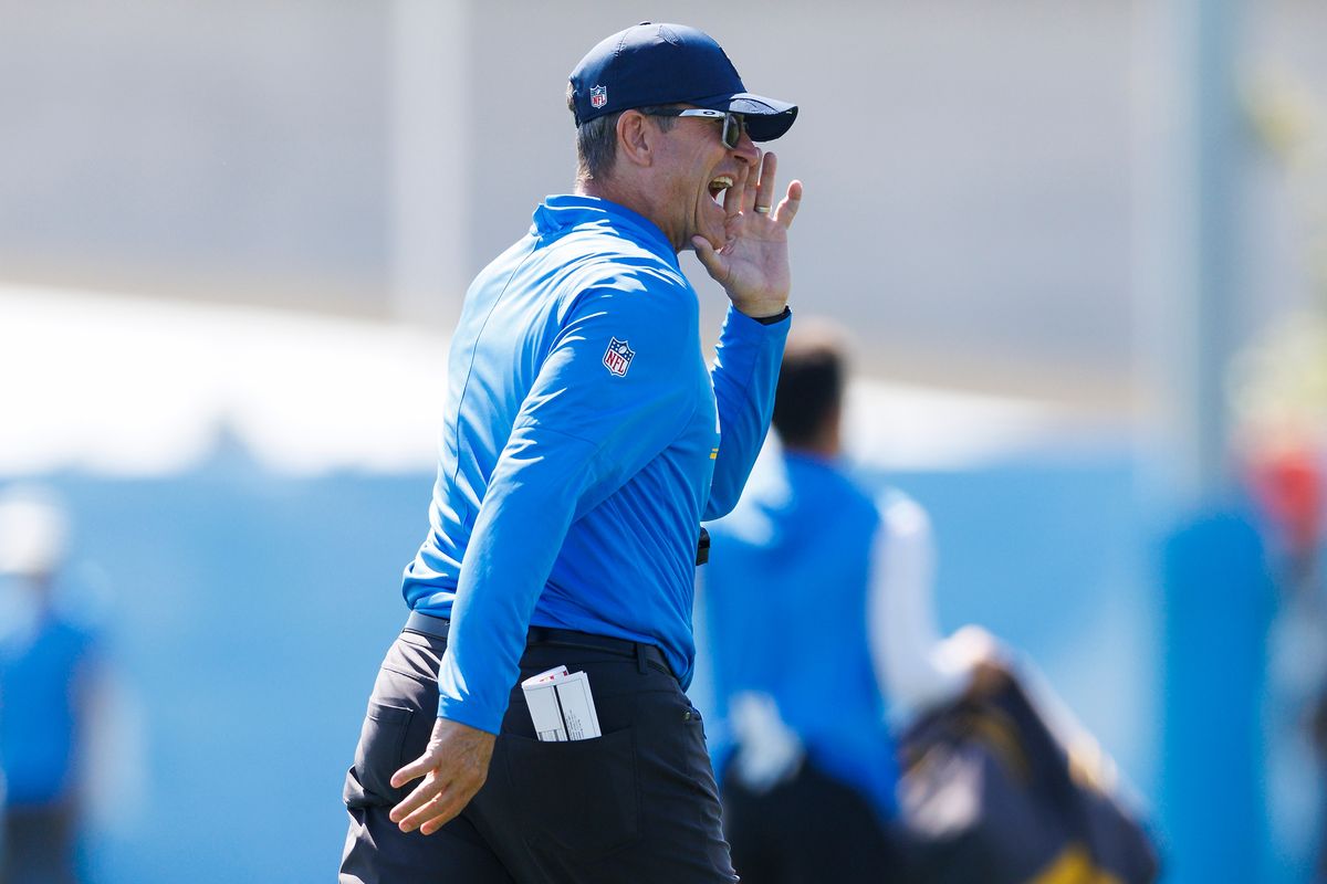 Jim Harbaugh of the Los Angeles Chargers yells during training camp at The Bolt on August 8, 2026 in El Segundo, California. Jim Harbaugh of the Los Angeles Chargers yells during training camp at The Bolt on August 8, 2026 in El Segundo, California.