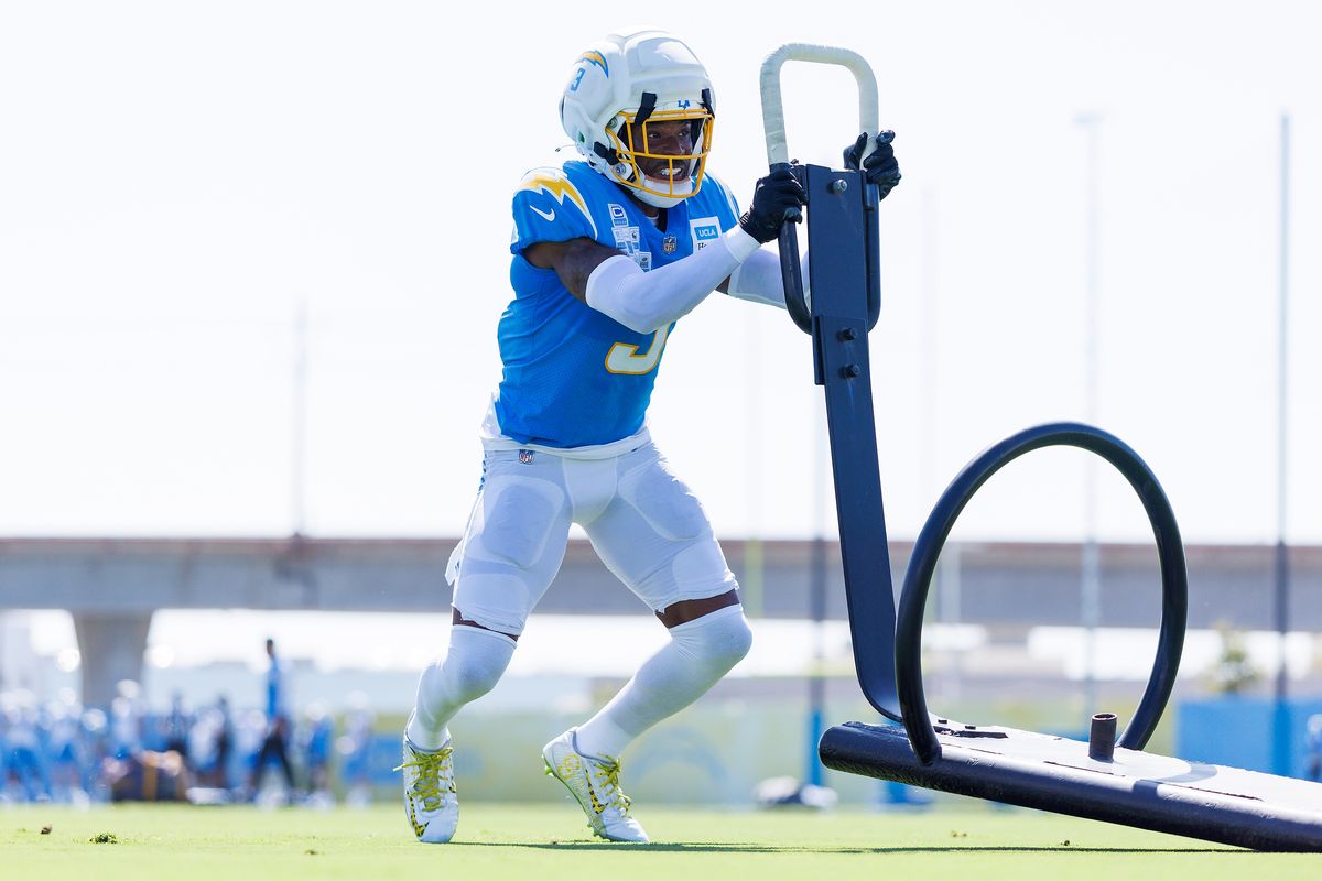 Derwin James Jr. #3 of the Los Angeles Chargers participates in a drill during training camp at The Bolt on August 8, 2026 in El Segundo, California. Derwin James Jr. #3 of the Los Angeles Chargers participates in a drill during training camp at The Bolt on August 8, 2026 in El Segundo, California.