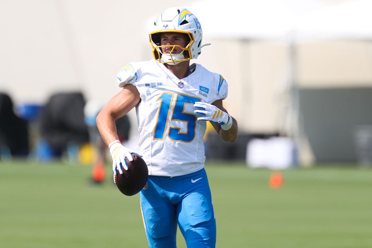Ladd McConkey #15 of the Los Angeles Chargers looks on during training camp at The Bolt on August 9, 2026 in El Segundo, California. Ladd McConkey #15 of the Los Angeles Chargers looks on during training camp at The Bolt on August 9, 2026 in El Segundo, California.