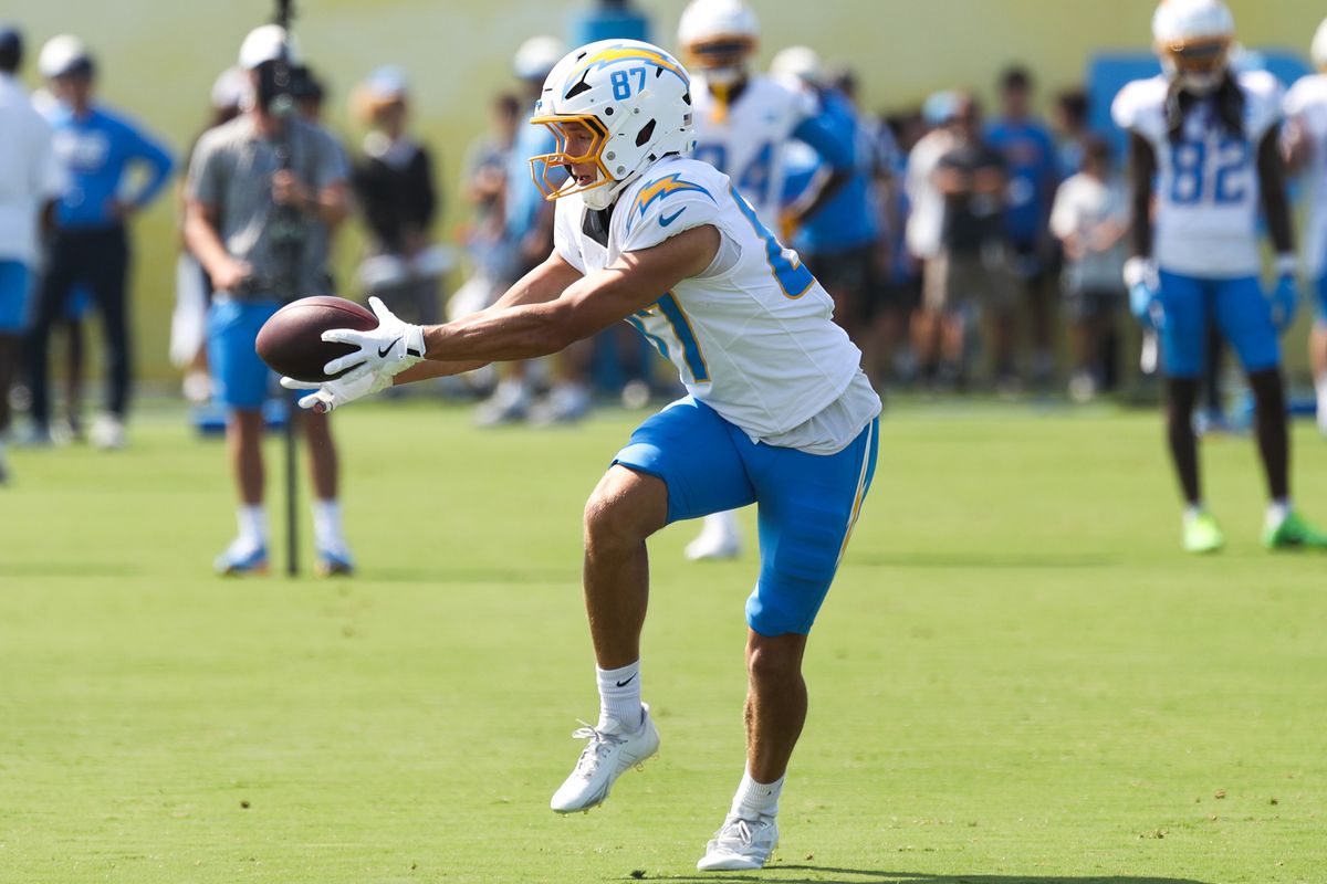 Luke Grimm #87 of the Los Angeles Chargers catches a pass during training camp at The Bolt on August 9, 2026 in El Segundo, California. Luke Grimm #87 of the Los Angeles Chargers catches a pass during training camp at The Bolt on August 9, 2026 in El Segundo, California.