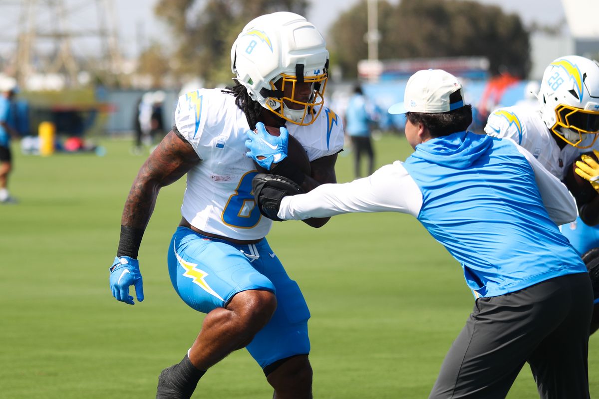 Omarion Hampton #8 of the Los Angeles Chargers speaks participates in drills during training camp at The Bolt on August 9, 2026 in El Segundo, California. Omarion Hampton #8 of the Los Angeles Chargers speaks participates in drills during training camp at The Bolt on August 9, 2026 in El Segundo, California.