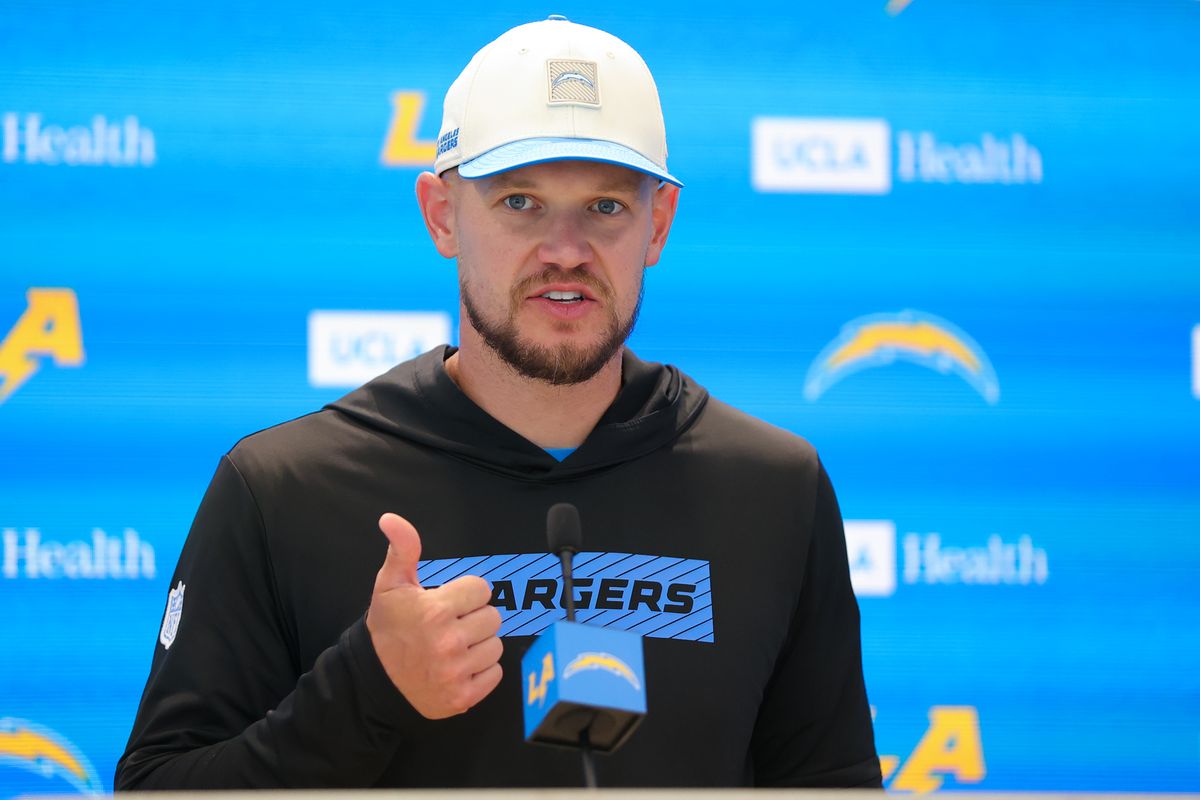 Defensive coordinator Chris O'Leary of the Los Angeles Chargers speaks to the media during training camp at The Bolt on August 9, 2026 in El Segundo, California. Defensive coordinator Chris O'Leary of the Los Angeles Chargers speaks to the media during training camp at The Bolt on August 9, 2026 in El Segundo, California.