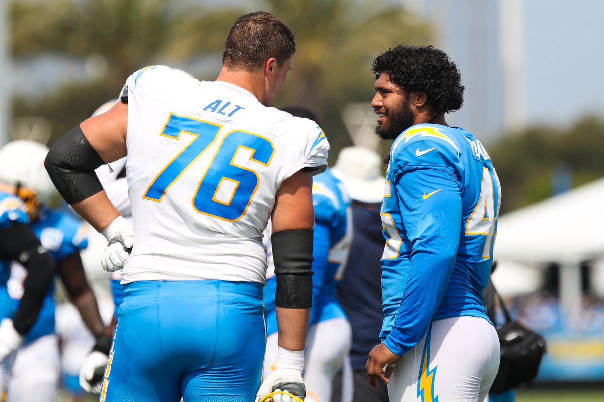 Joe Alt #76 and Tuli Tuipulou #45 of the Los Angeles Chargers speak to each other during training camp at The Bolt on August 11, 2026 in El Segundo, California. Joe Alt #76 and Tuli Tuipulou #45 of the Los Angeles Chargers speak to each other during training camp at The Bolt on August 11, 2026 in El Segundo, California.