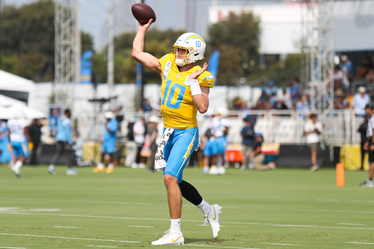Justin Herbert #10 of the Los Angeles Chargers throws the football during training camp at The Bolt on August 11, 2026 in El Segundo, California. Justin Herbert #10 of the Los Angeles Chargers throws the football during training camp at The Bolt on August 11, 2026 in El Segundo, California.