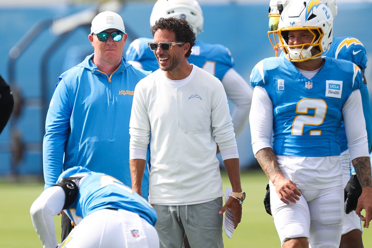 Offensive coordinator Mike McDaniel of the Los Angeles Chargers looks on during training camp at The Bolt on August 11, 2026 in El Segundo, California. Offensive coordinator Mike McDaniel of the Los Angeles Chargers looks on during training camp at The Bolt on August 11, 2026 in El Segundo, California.