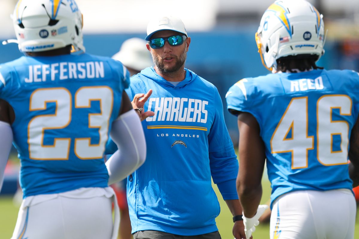 Coach Nick Hardwick of the Los Angeles Chargers speaks to players during training camp at The Bolt on August 11, 2026 in El Segundo, California. Coach Nick Hardwick of the Los Angeles Chargers speaks to players during training camp at The Bolt on August 11, 2026 in El Segundo, California.