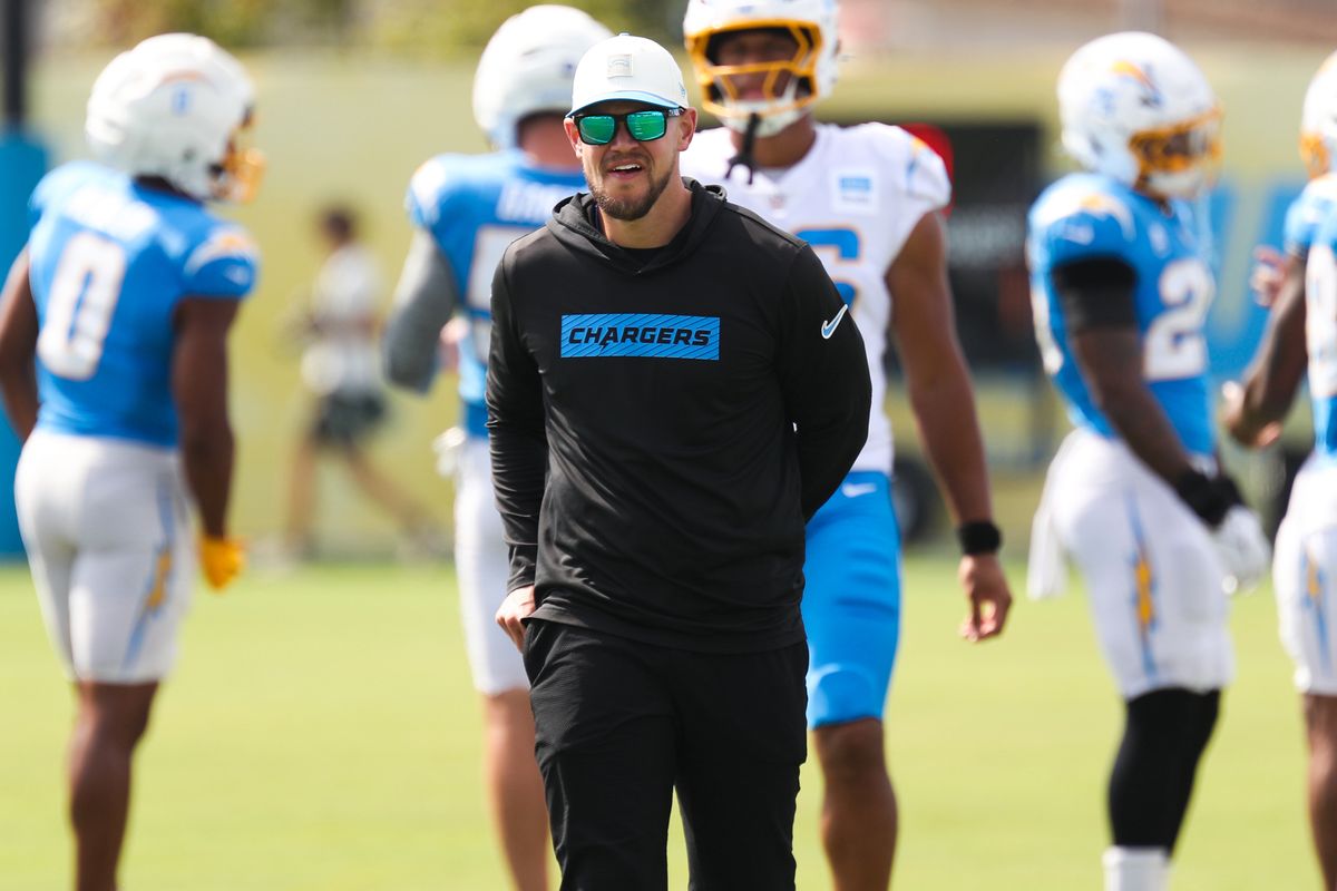 Defensive coordinator Chris O'Leary of the Los Angeles Chargers looks on during training camp at The Bolt on August 11, 2026 in El Segundo, California. Defensive coordinator Chris O'Leary of the Los Angeles Chargers looks on during training camp at The Bolt on August 11, 2026 in El Segundo, California.