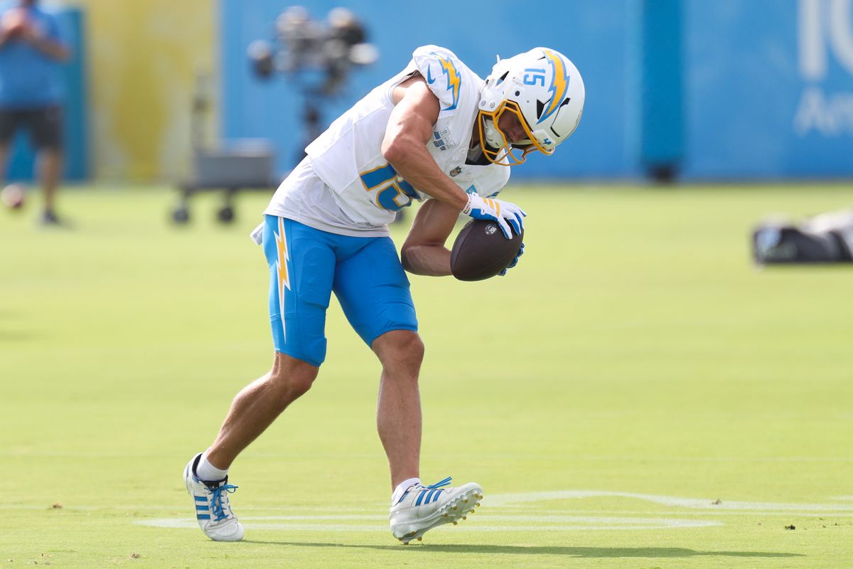 Ladd McConkey #15 of the Los Angeles Chargers catches a pass during training camp at The Bolt on August 11, 2026 in El Segundo, California. Ladd McConkey #15 of the Los Angeles Chargers catches a pass during training camp at The Bolt on August 11, 2026 in El Segundo, California.