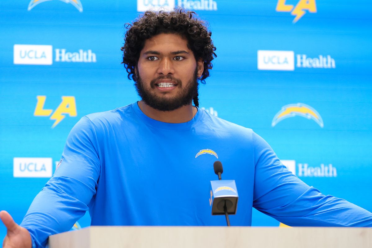 Tuli Tuipulotu #45 of the Los Angeles Chargers speaks to the media training camp at The Bolt on August 11, 2026 in El Segundo, California. Tuli Tuipulotu #45 of the Los Angeles Chargers speaks to the media training camp at The Bolt on August 11, 2026 in El Segundo, California.