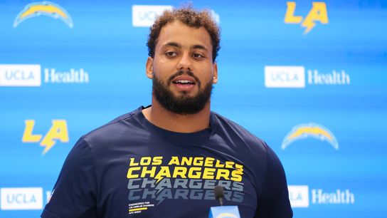 Rashawn Slater #70 of the Los Angeles Chargers speaks to the media during training camp at The Bolt on August 11, 2026 in El Segundo, California.