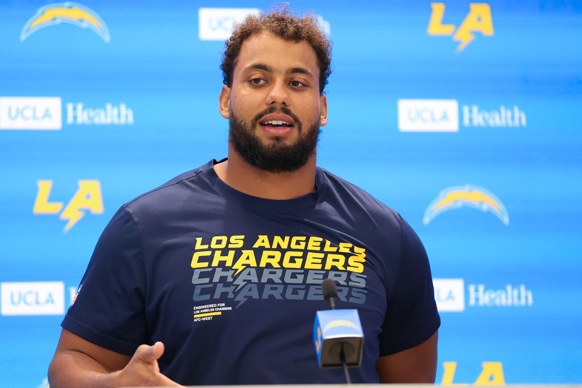Rashawn Slater #70 of the Los Angeles Chargers speaks to the media during training camp at The Bolt on August 11, 2026 in El Segundo, California. Rashawn Slater #70 of the Los Angeles Chargers speaks to the media during training camp at The Bolt on August 11, 2026 in El Segundo, California.